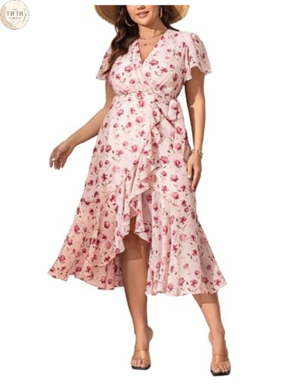 Plus Size Floral Chiffon Midi Wrap Dress Flutter Sleeve High Waist Flowy